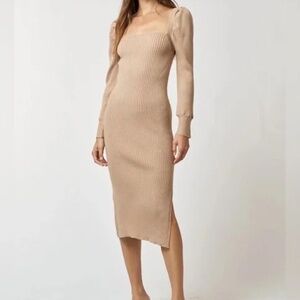 Charles Henry Tan Long Sleeve Dress